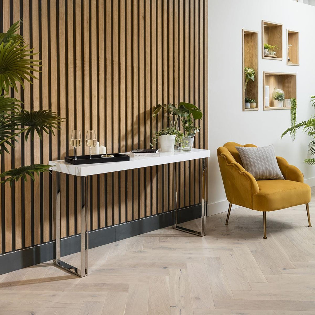 ExDisplay Quatropi Console Table 140cm White Gloss - Polished Metal Legs