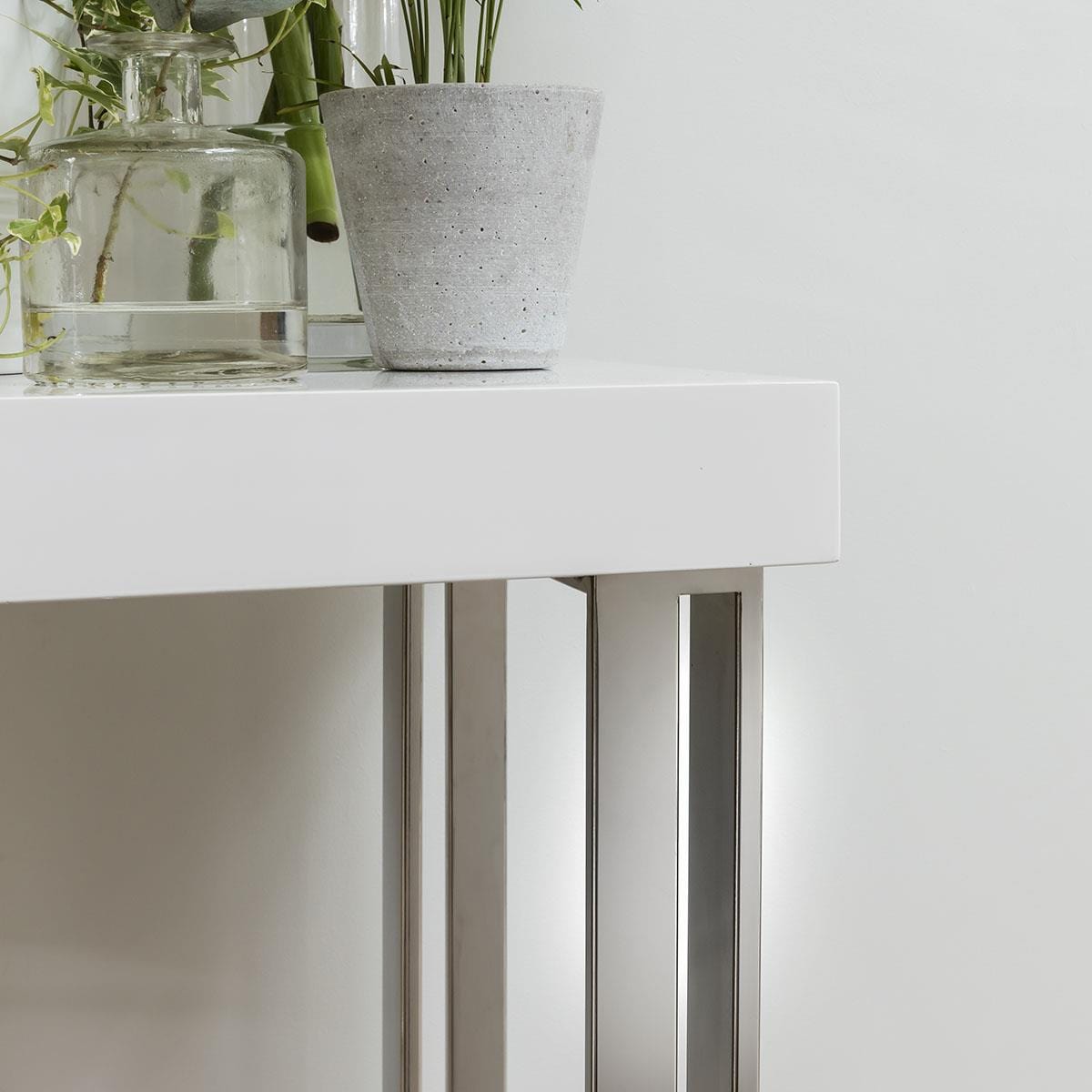 ExDisplay Quatropi Console Table 140cm White Gloss - Polished Metal Legs