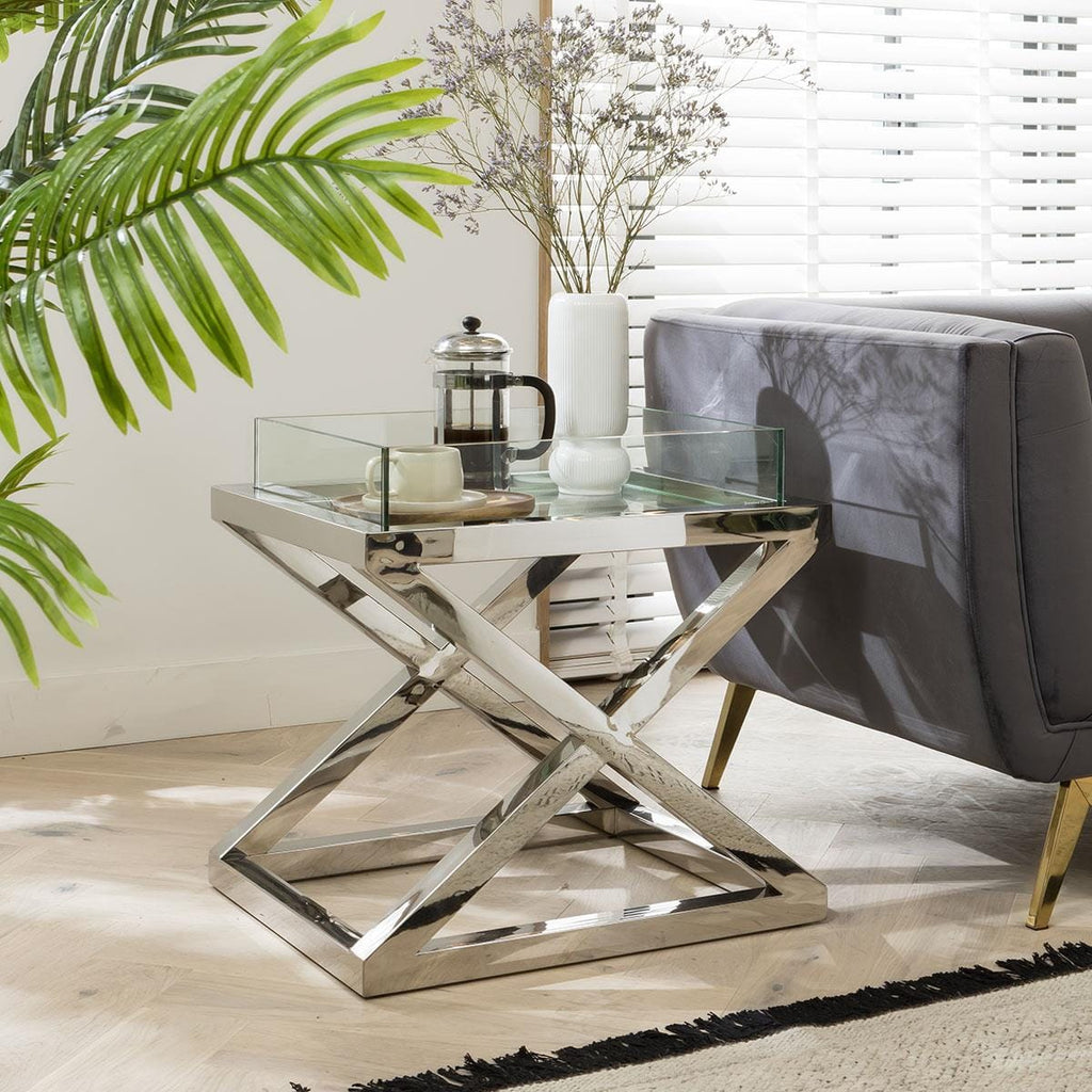 ExDisplay Quatropi Side Table Clear Glass & Silver Metal X-Frame
