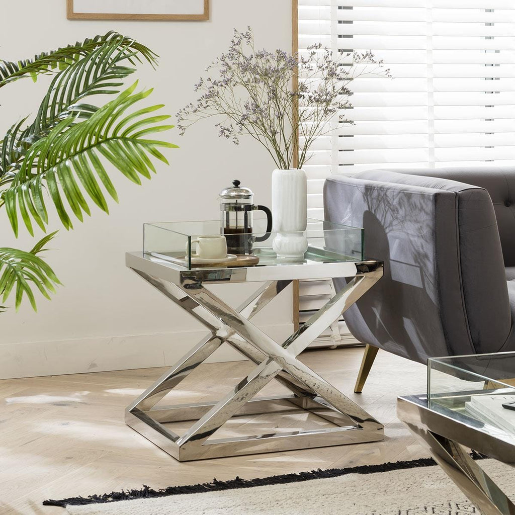 ExDisplay Quatropi Side Table Clear Glass & Silver Metal X-Frame