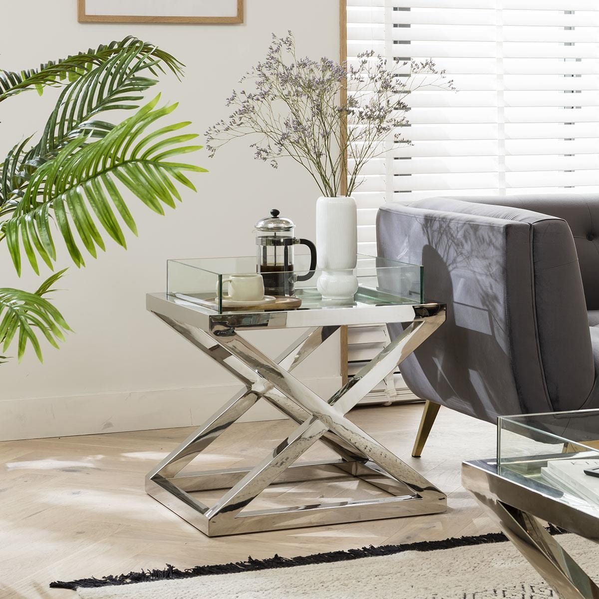 ExDisplay Quatropi Side Table Clear Glass & Silver Metal X-Frame