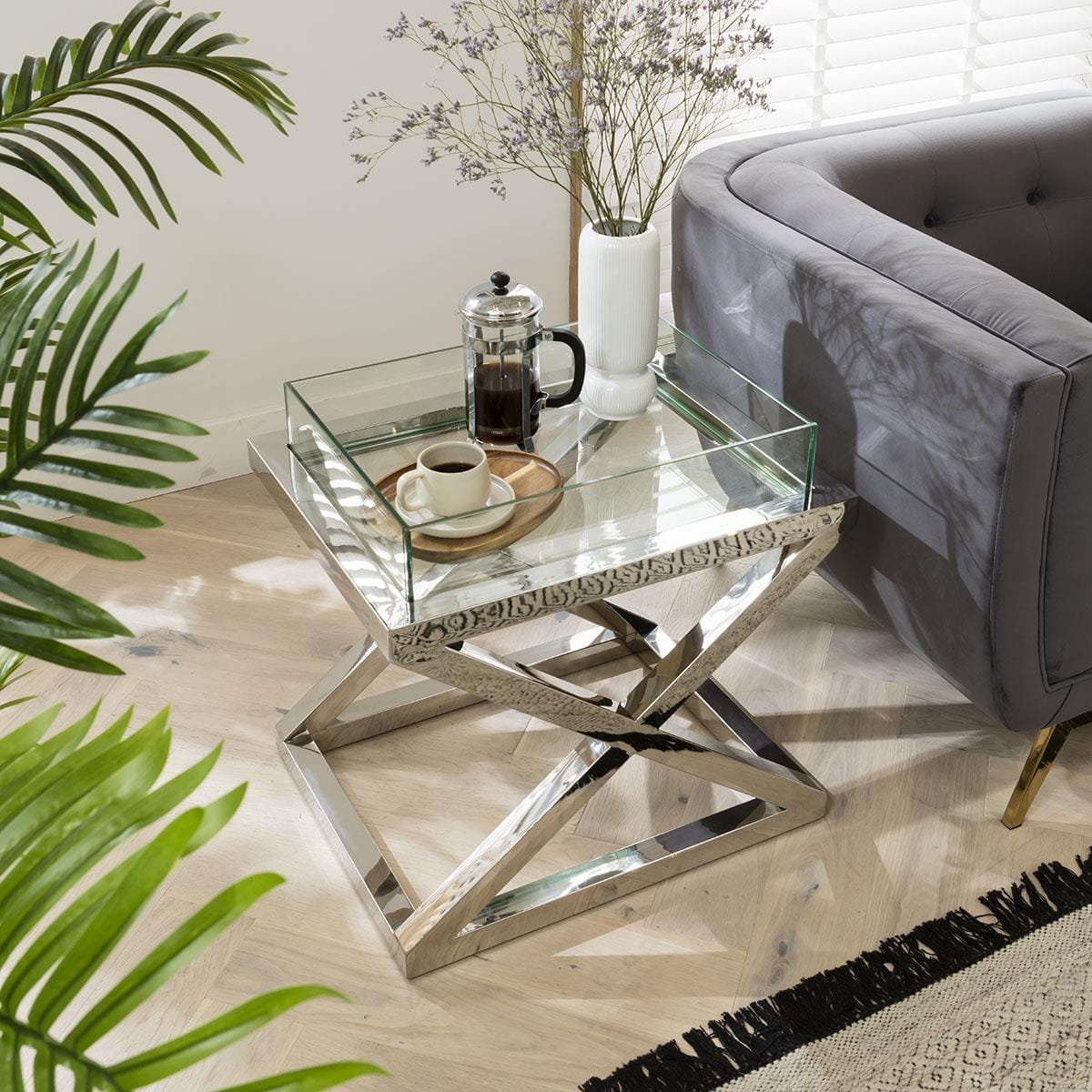 ExDisplay Quatropi Side Table Clear Glass & Silver Metal X-Frame