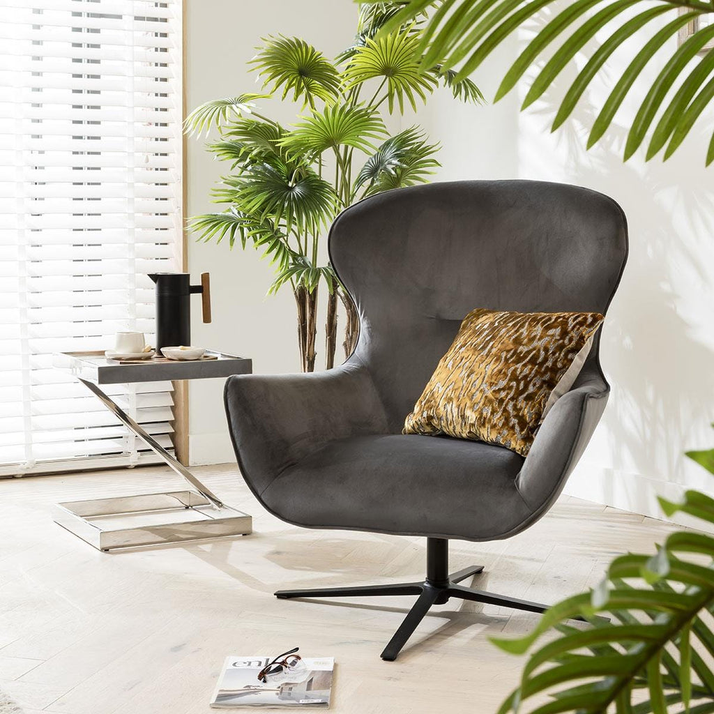 ExDisplay Quatropi Swivel Armchair Wingback Charcoal Grey Fabric & Black Metal Legs