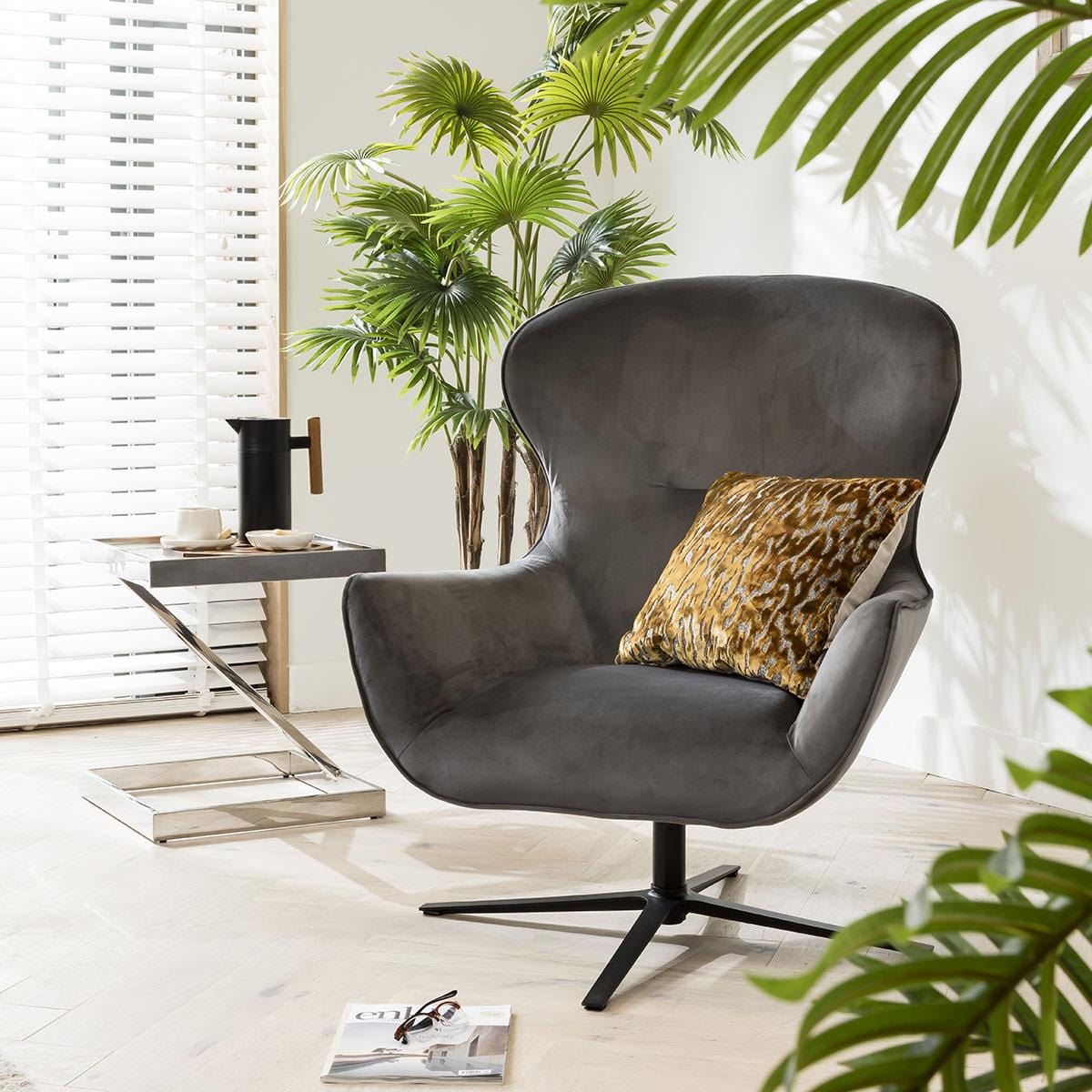ExDisplay Quatropi Swivel Armchair Wingback Charcoal Grey Fabric & Black Metal Legs