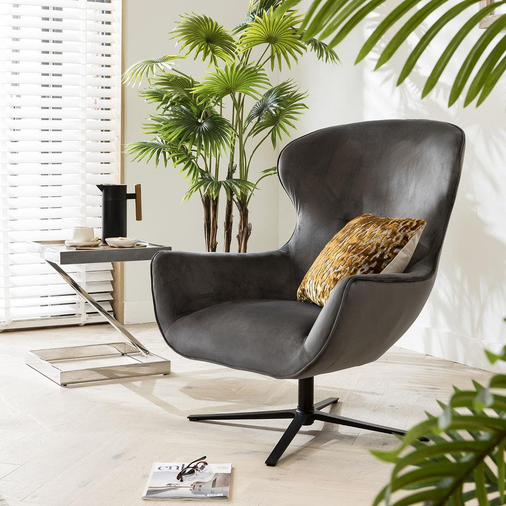 ExDisplay Quatropi Swivel Armchair Wingback Charcoal Grey Fabric & Black Metal Legs