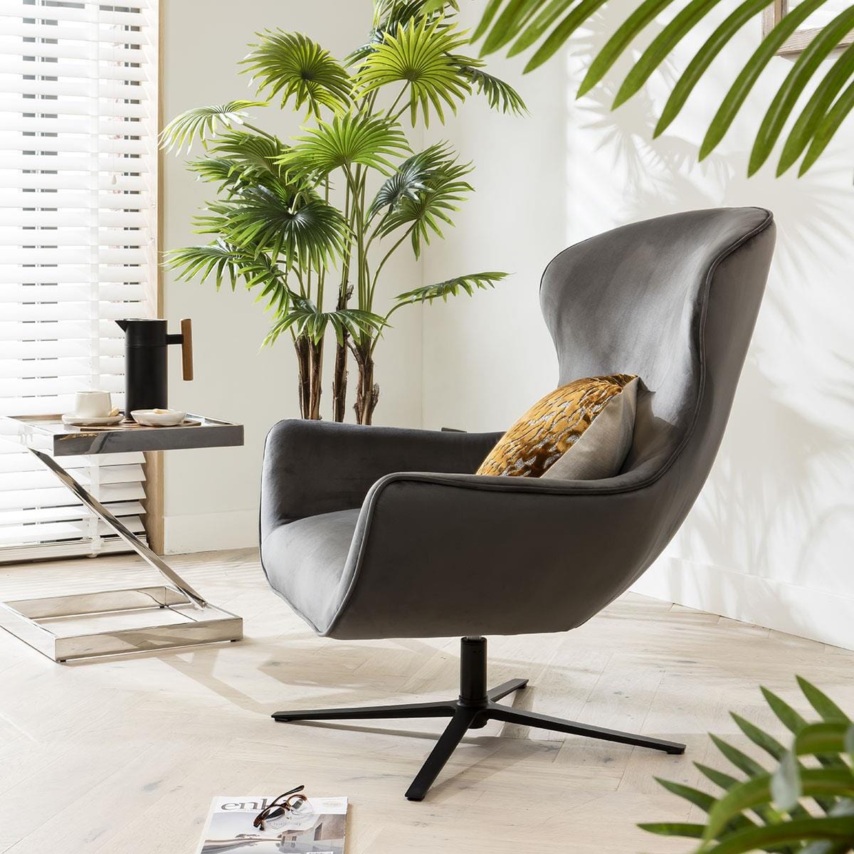 ExDisplay Quatropi Swivel Armchair Wingback Charcoal Grey Fabric & Black Metal Legs