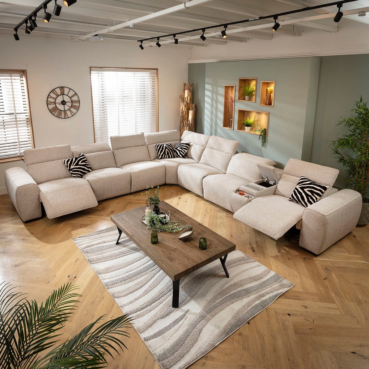 Lola Extra Large 7 Seater Recliner Corner Sofa & Console Beige 405x372cm 17C1