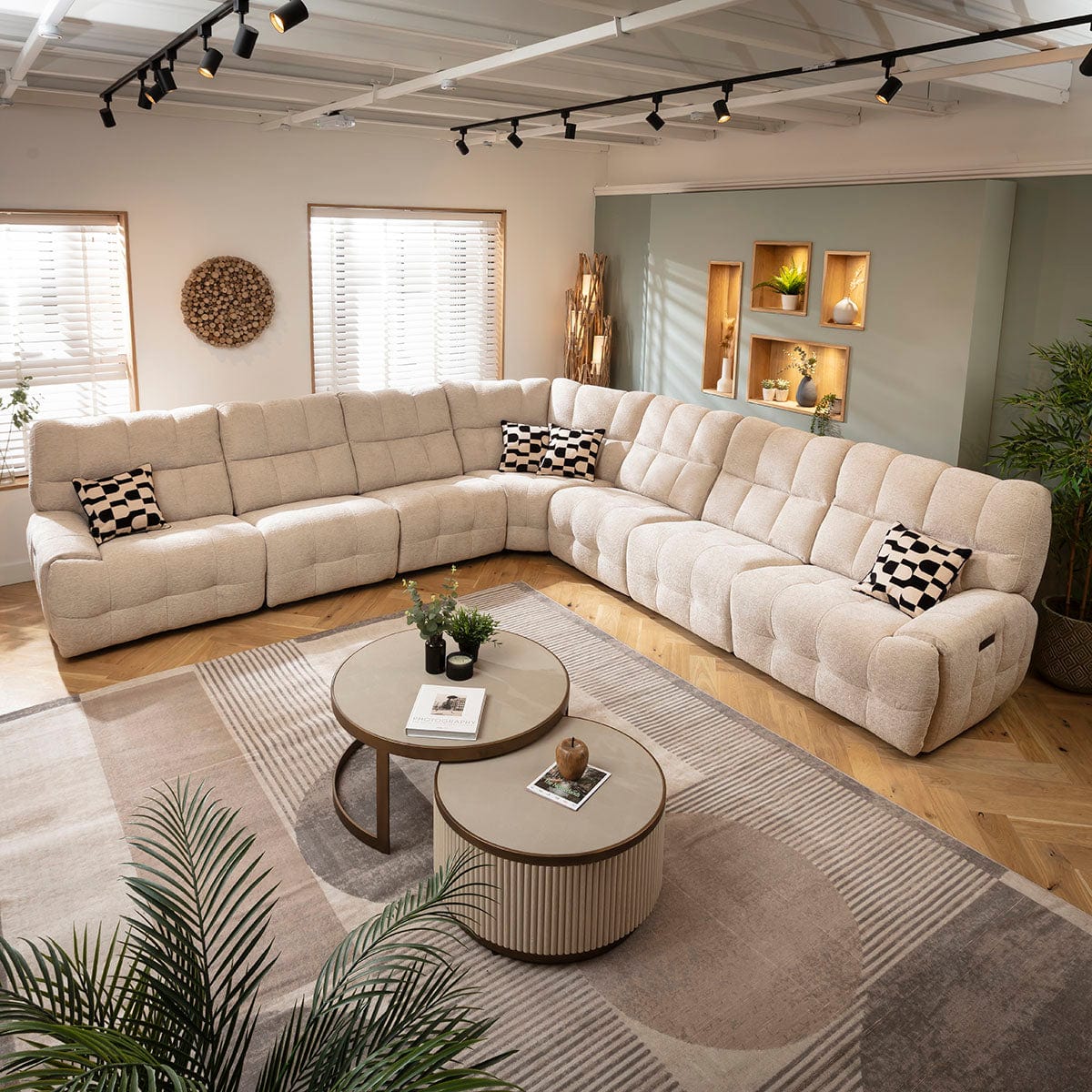 Luca Extra Large 7 Seater Triple Recliner Corner Sofa Beige Chenille 380x380cm 17R1