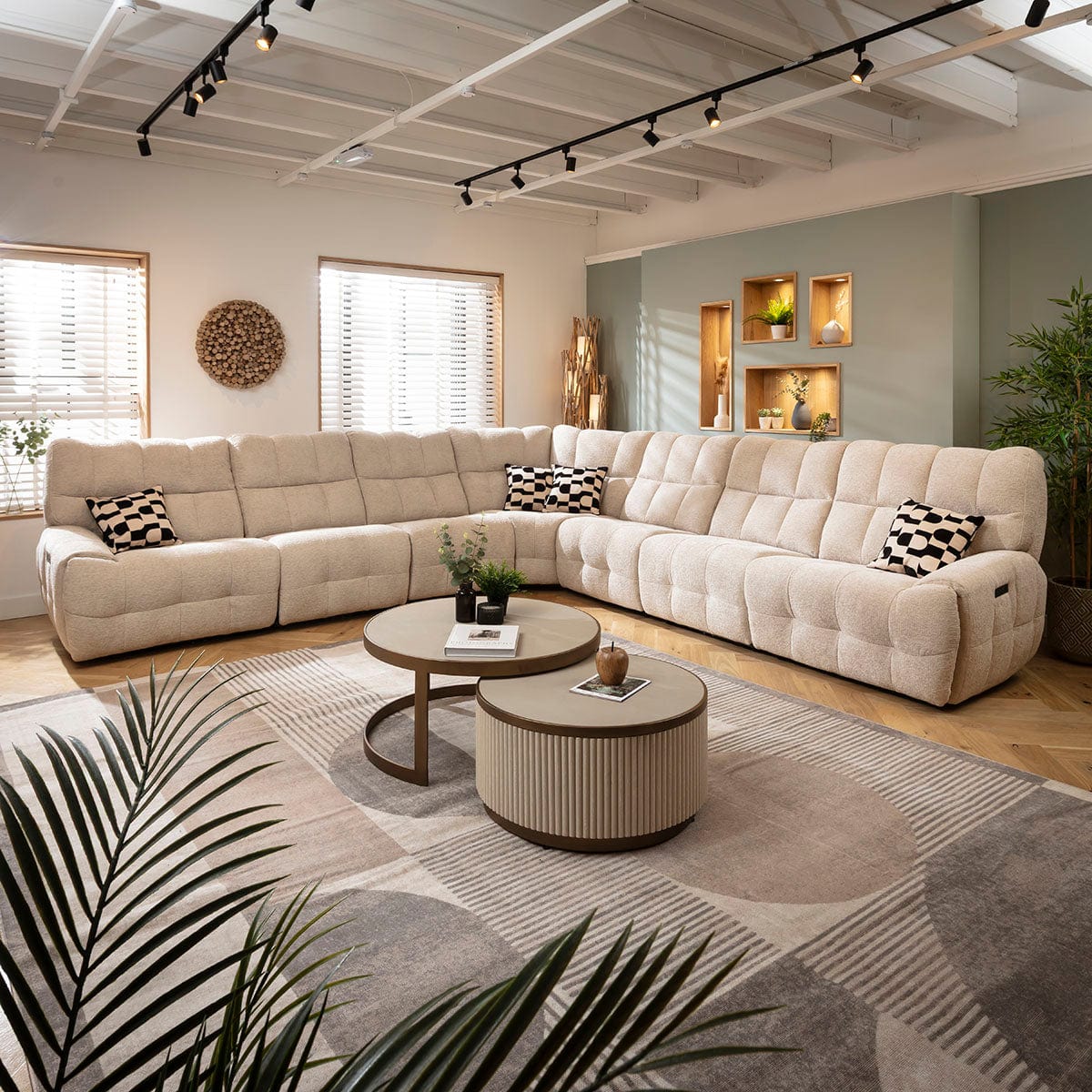 Luca Extra Large 7 Seater Triple Recliner Corner Sofa Beige Chenille 380x380cm 17R1