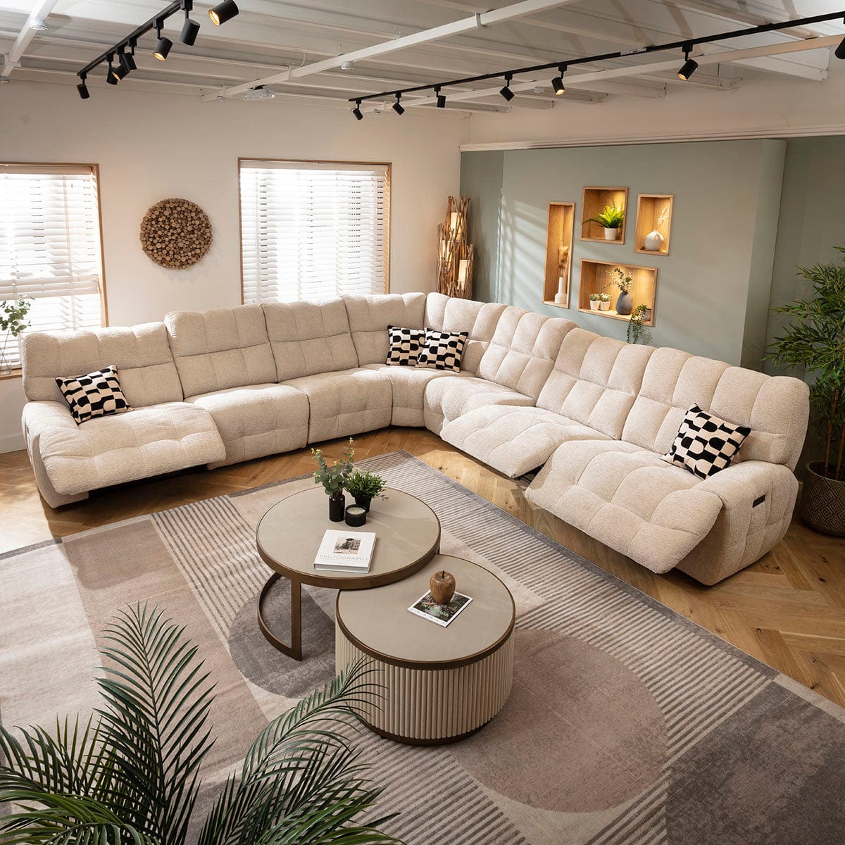 Luca Extra Large 7 Seater Triple Recliner Corner Sofa Beige Chenille 380x380cm 17R1