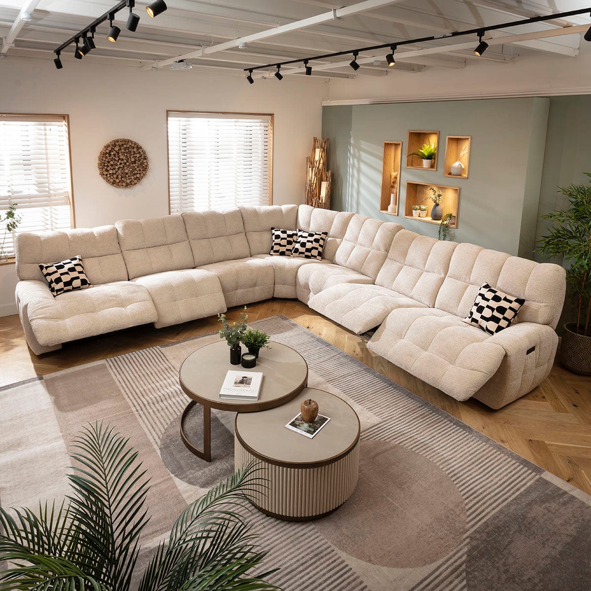 Luca Extra Large 7 Seater Quad Recliner Corner Sofa Beige Chenille 380x380cm 17R2