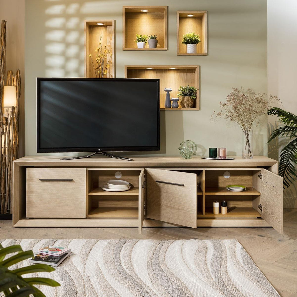 Boston Large TV Stand / Low Sideboard Cabinet Natural Oak 240cm