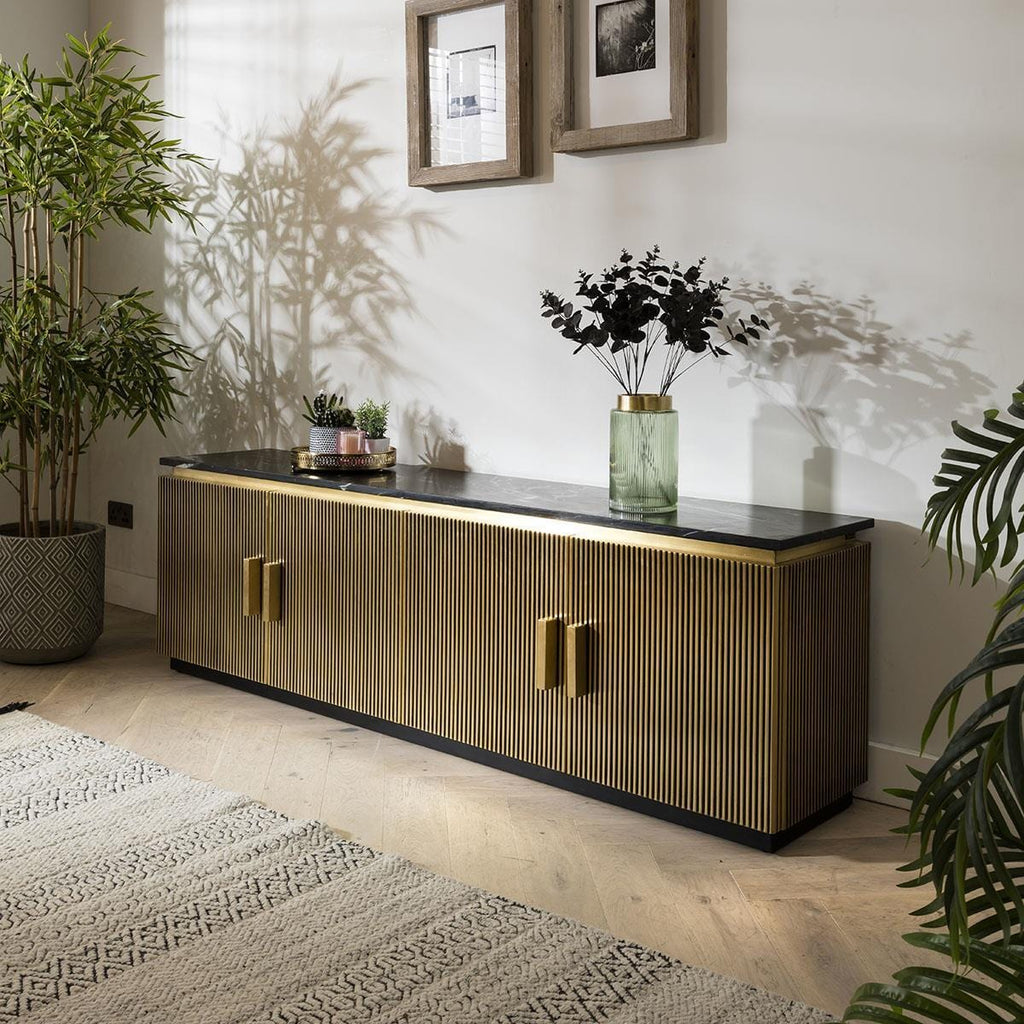 Gold Metal 4 Door Modern TV Unit 200cm - Luxury Black Marble Top - Ironville