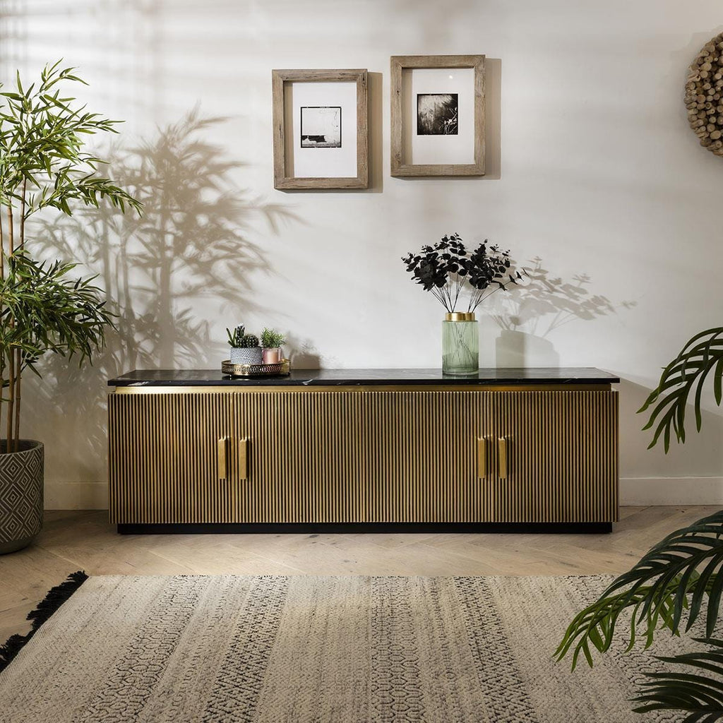 Gold Metal 4 Door Modern TV Unit 200cm - Luxury Black Marble Top - Ironville