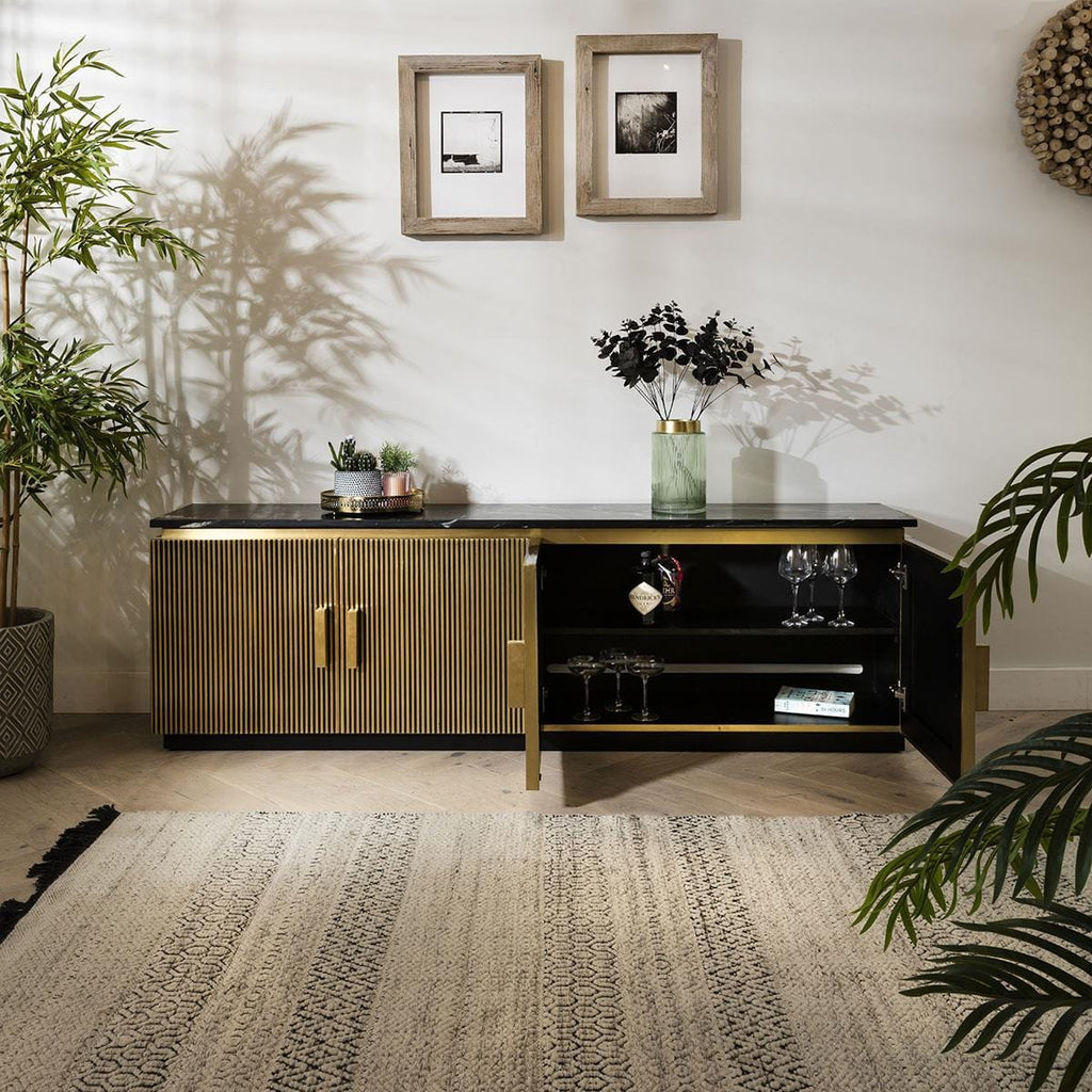 Gold Metal 4 Door Modern TV Unit 200cm - Luxury Black Marble Top - Ironville