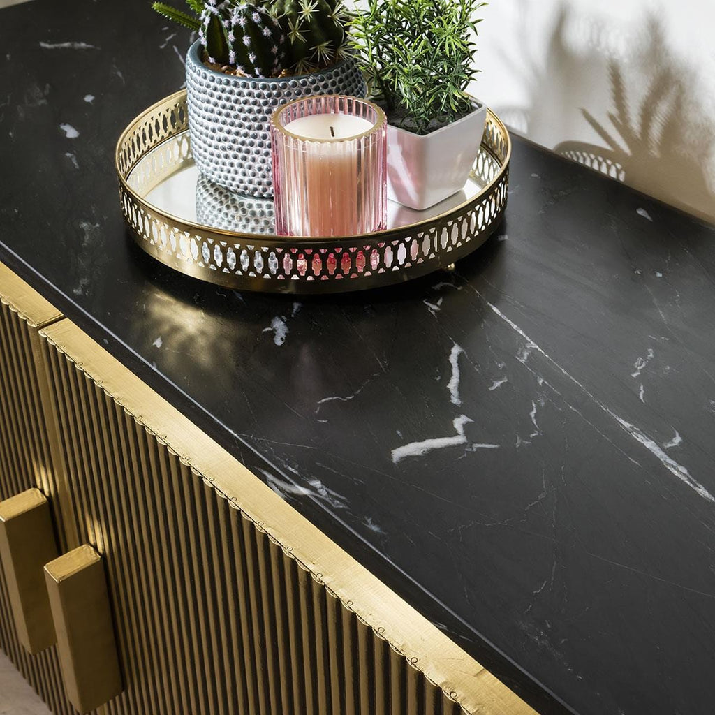 Gold Metal 4 Door Modern TV Unit 200cm - Luxury Black Marble Top - Ironville