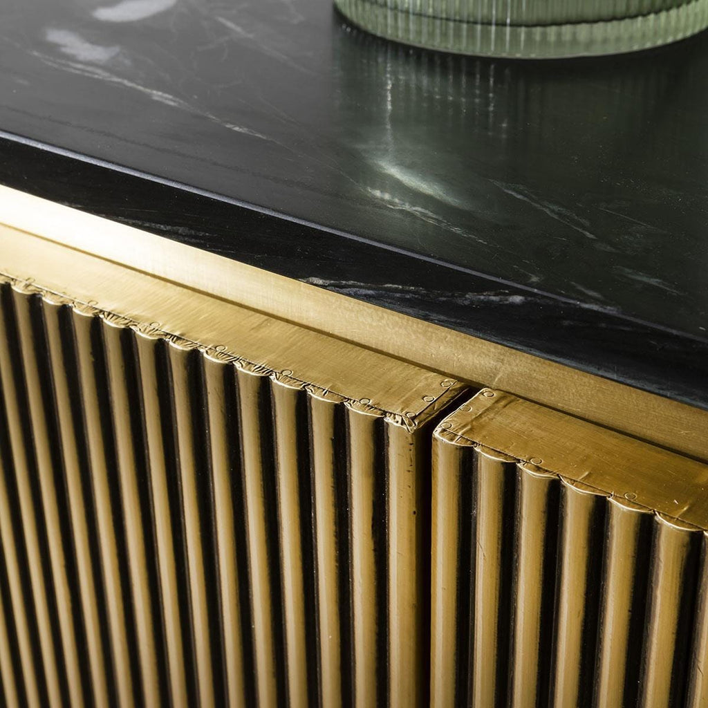 Gold Metal 4 Door Modern TV Unit 200cm - Luxury Black Marble Top - Ironville