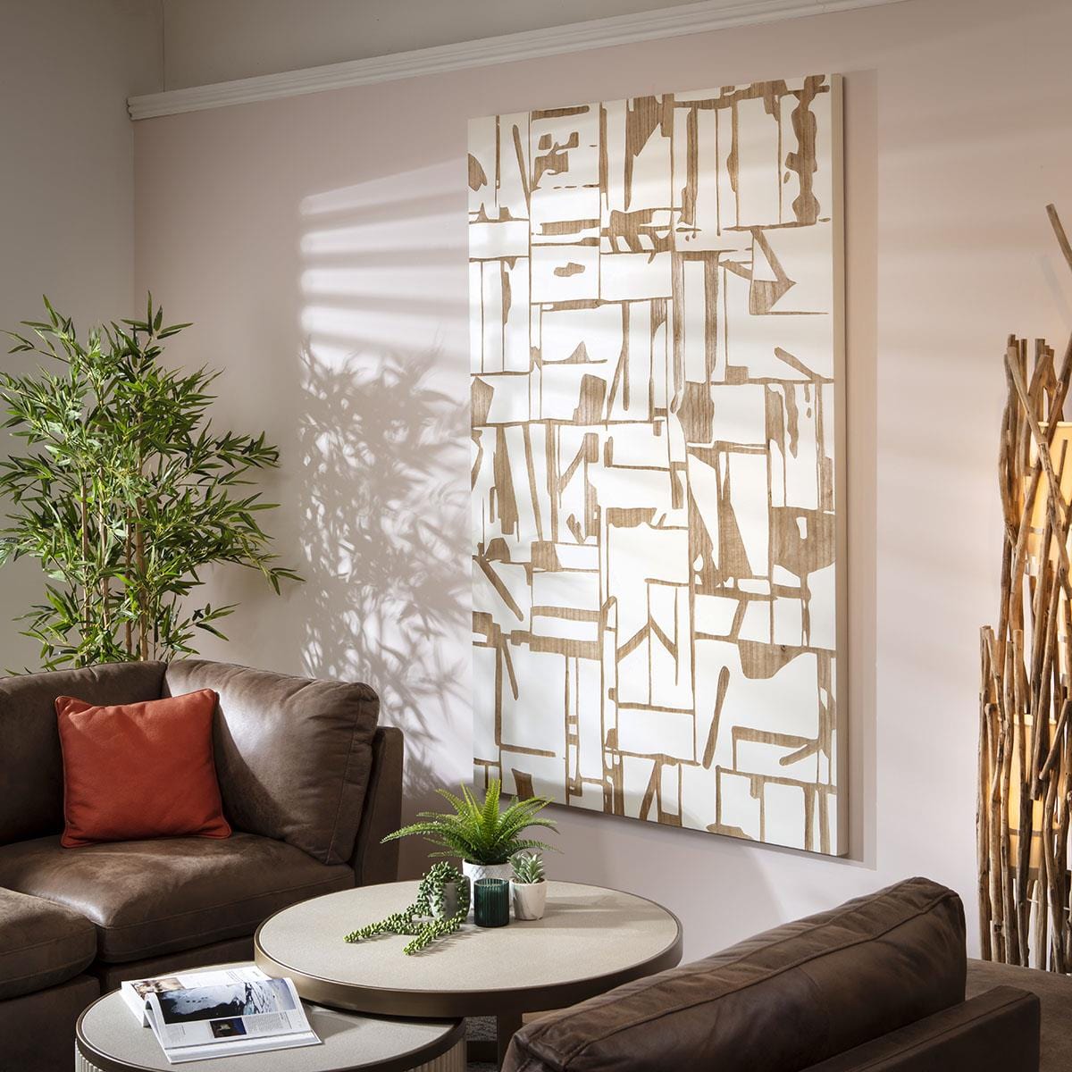 Hand-Carved Abstract Wall Artwork White & Natural Wood 120x180cm