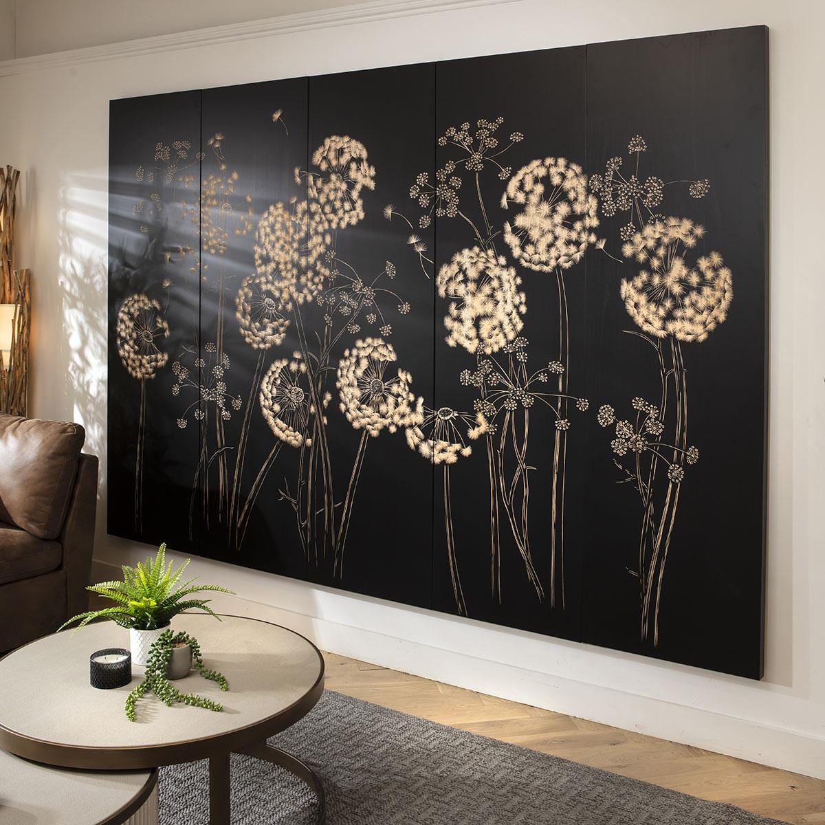 Hand-Carved Large 5-Piece Wall Artwork Black & Natural Wood 300x200cm