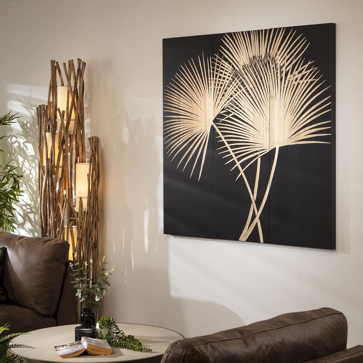 Hand-Carved Leaves 3-Piece Panel Wall Artwork Black & Wood 120x120cm