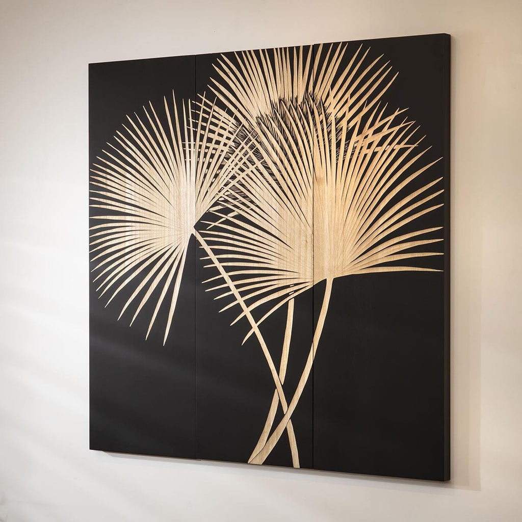 Hand-Carved Leaves 3-Piece Panel Wall Artwork Black & Wood 120x120cm