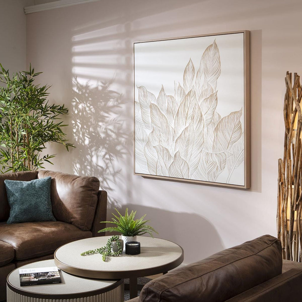 Hand-Carved Leaves Framed Wall Artwork White & Wood 120x120cm