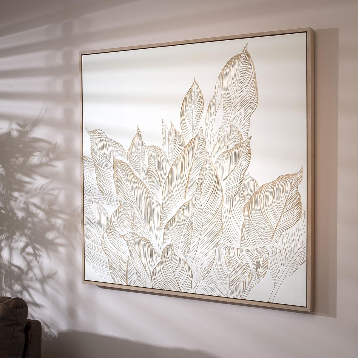 Hand-Carved Leaves Framed Wall Artwork White & Wood 120x120cm