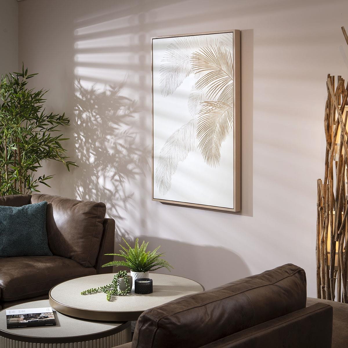 Hand-Carved Palm Leaves Framed Wall Artwork White & Wood 80x120cm