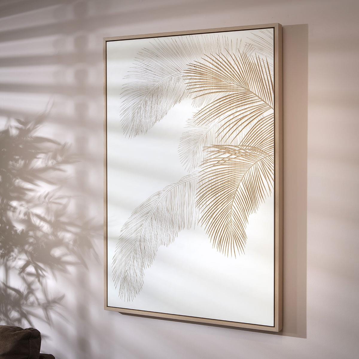 Hand-Carved Palm Leaves Framed Wall Artwork White & Wood 80x120cm