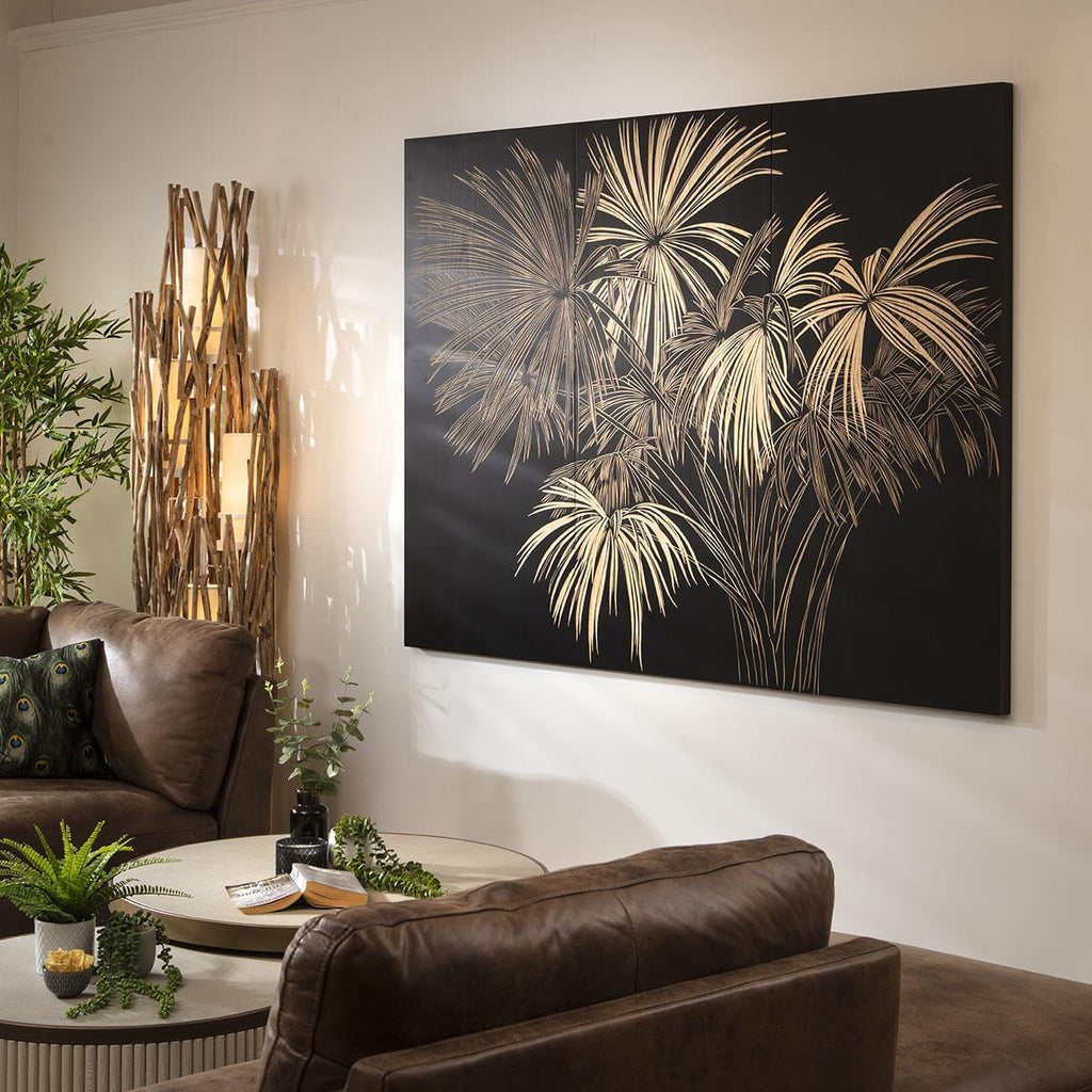 Hand-Carved Palm Tree 3-Piece Panel Wall Artwork Black 180x130cm