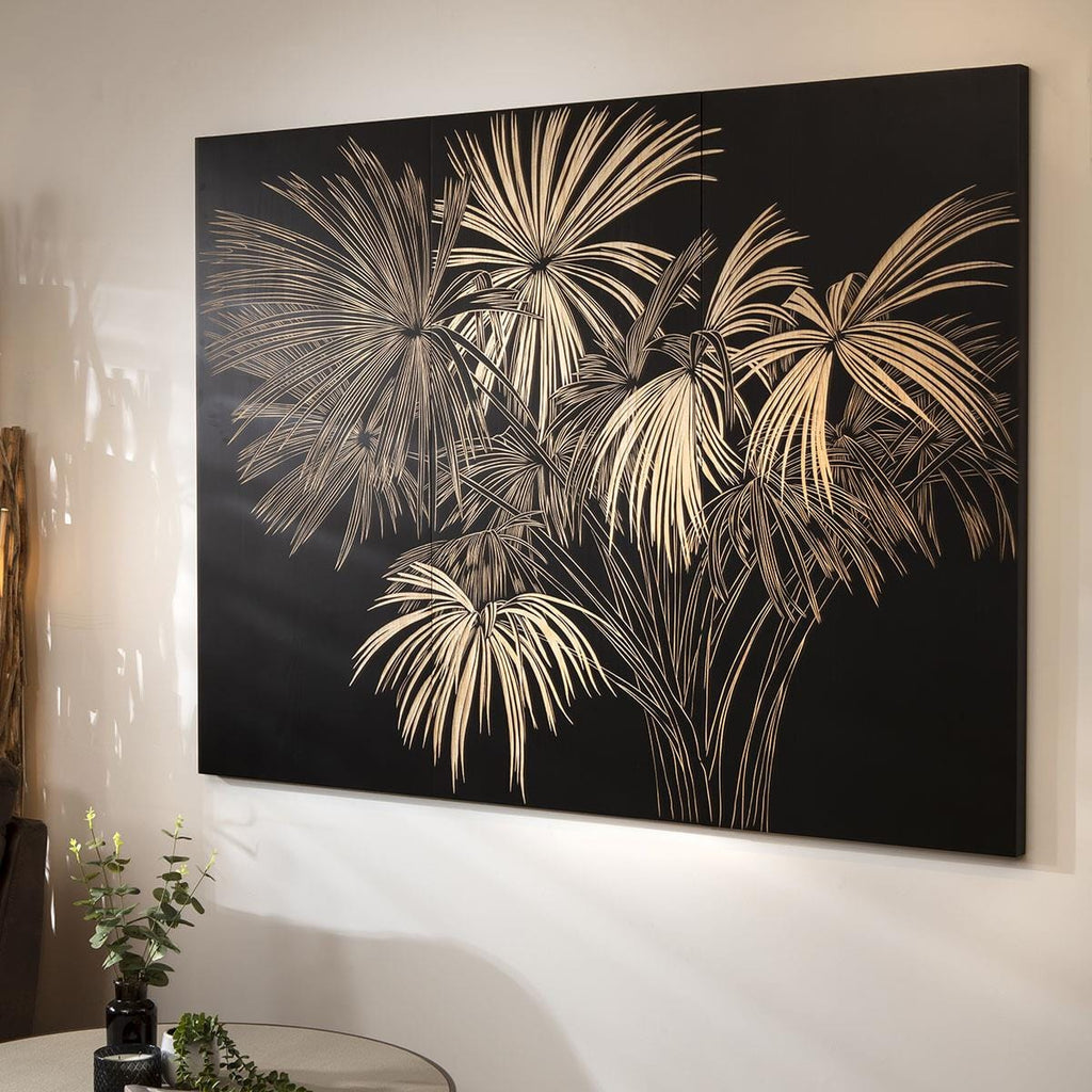 Hand-Carved Palm Tree 3-Piece Panel Wall Artwork Black 180x130cm
