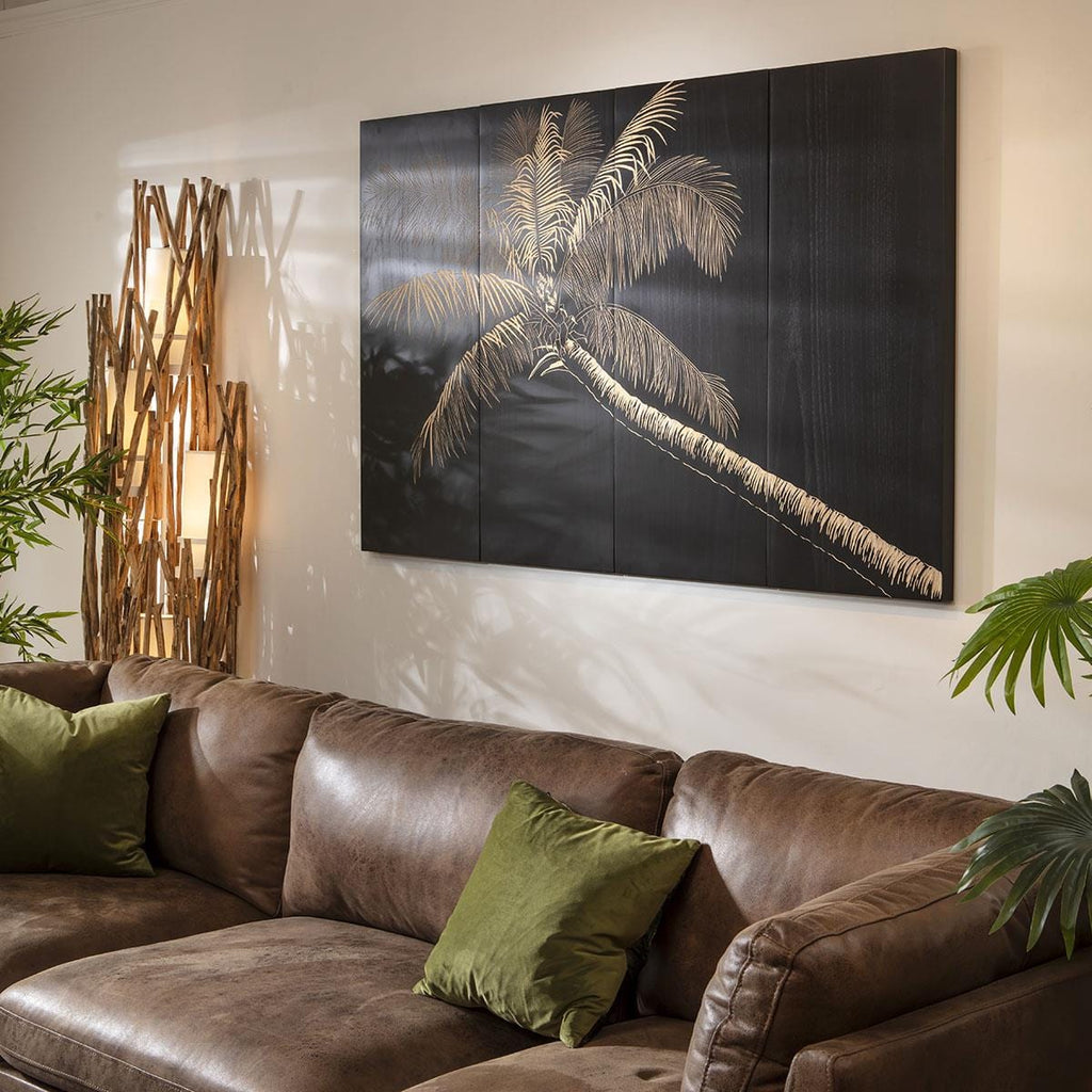 Hand-Carved Palm Tree 4-Piece Panel Wall Artwork Black 160x100cm