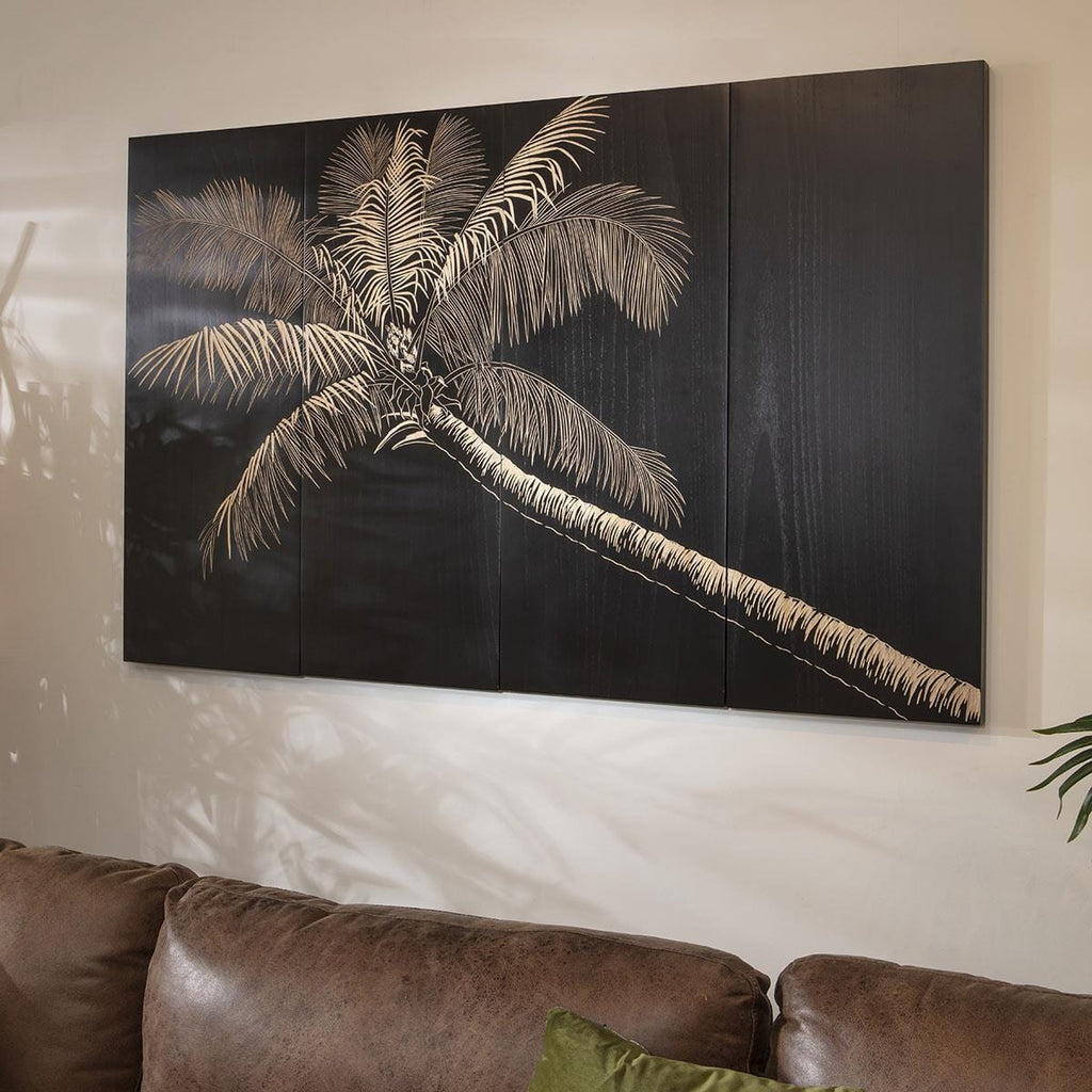 Hand-Carved Palm Tree 4-Piece Panel Wall Artwork Black 160x100cm