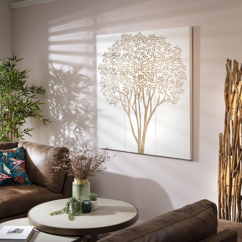 Hand-Carved Tree 3-Piece Panel Wall Artwork White & Wood 120x120cm
