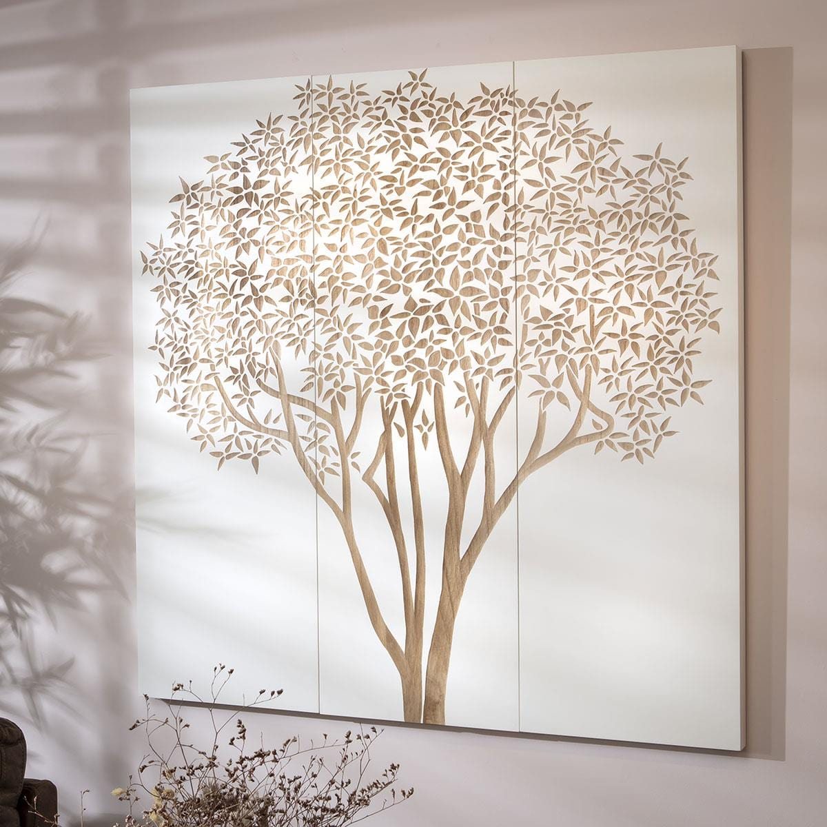 Hand-Carved Tree 3-Piece Panel Wall Artwork White & Wood 120x120cm