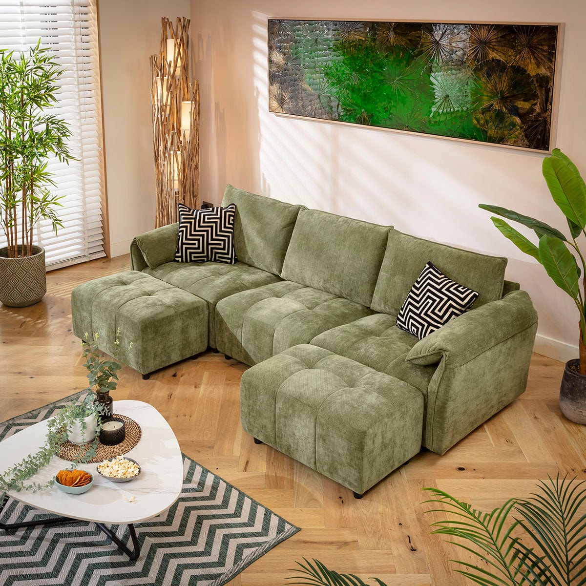 Jasmin Modern 3 Seater Modular U-Shape Chaise Sofa Green 251x138cm 4