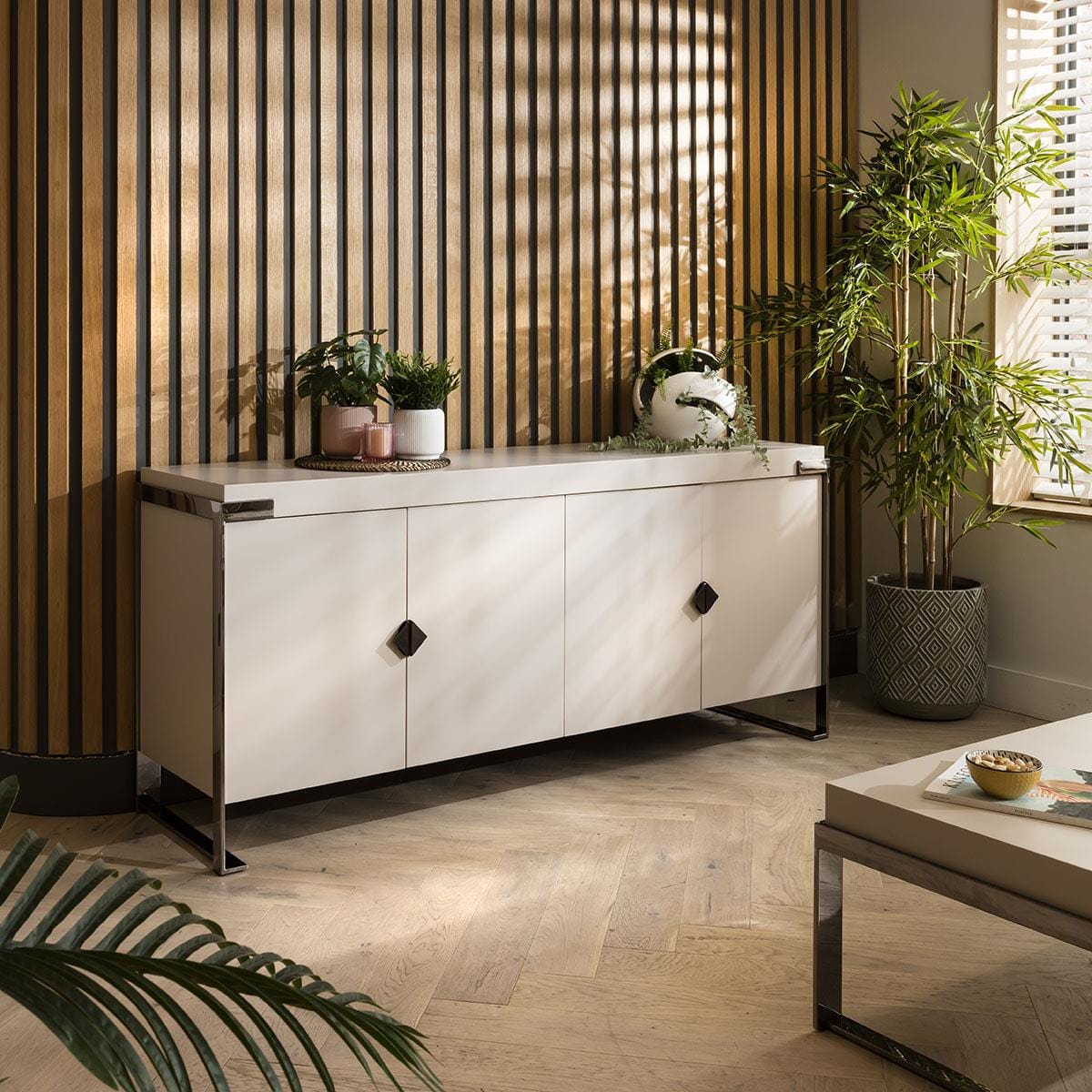 Large 180cm 4 Door Sideboard Cabinet - Premium Matte Chalk - Smoked Chrome Accents