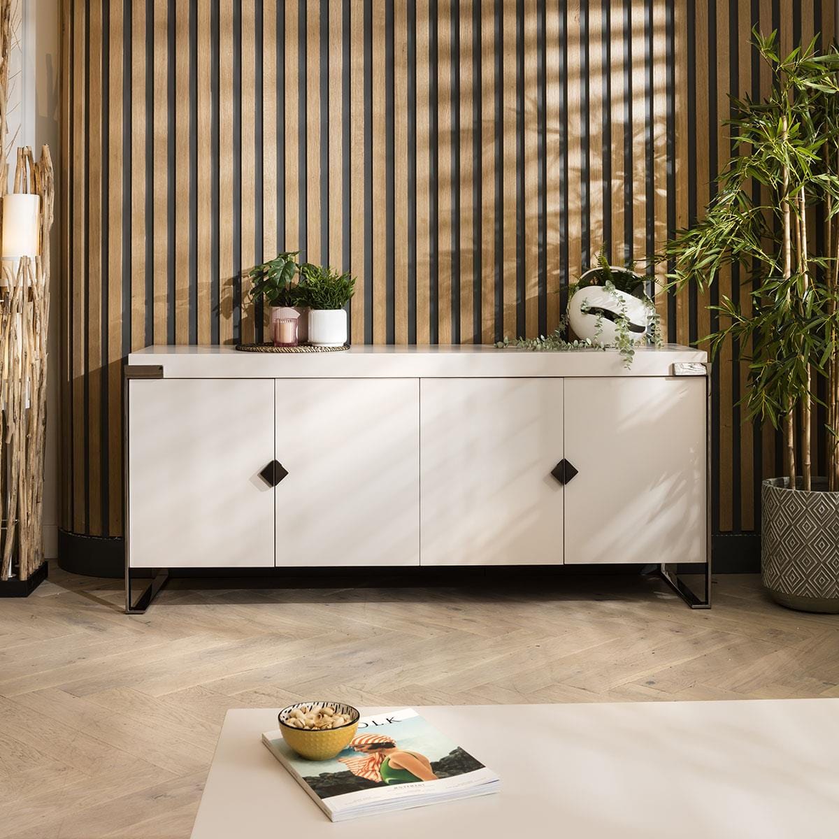 Large 180cm 4 Door Sideboard Cabinet - Premium Matte Chalk - Smoked Chrome Accents