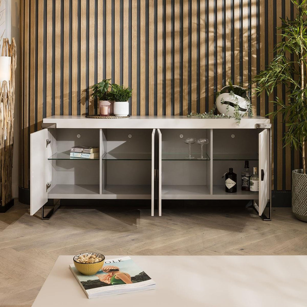 Large 180cm 4 Door Sideboard Cabinet - Premium Matte Chalk - Smoked Chrome Accents