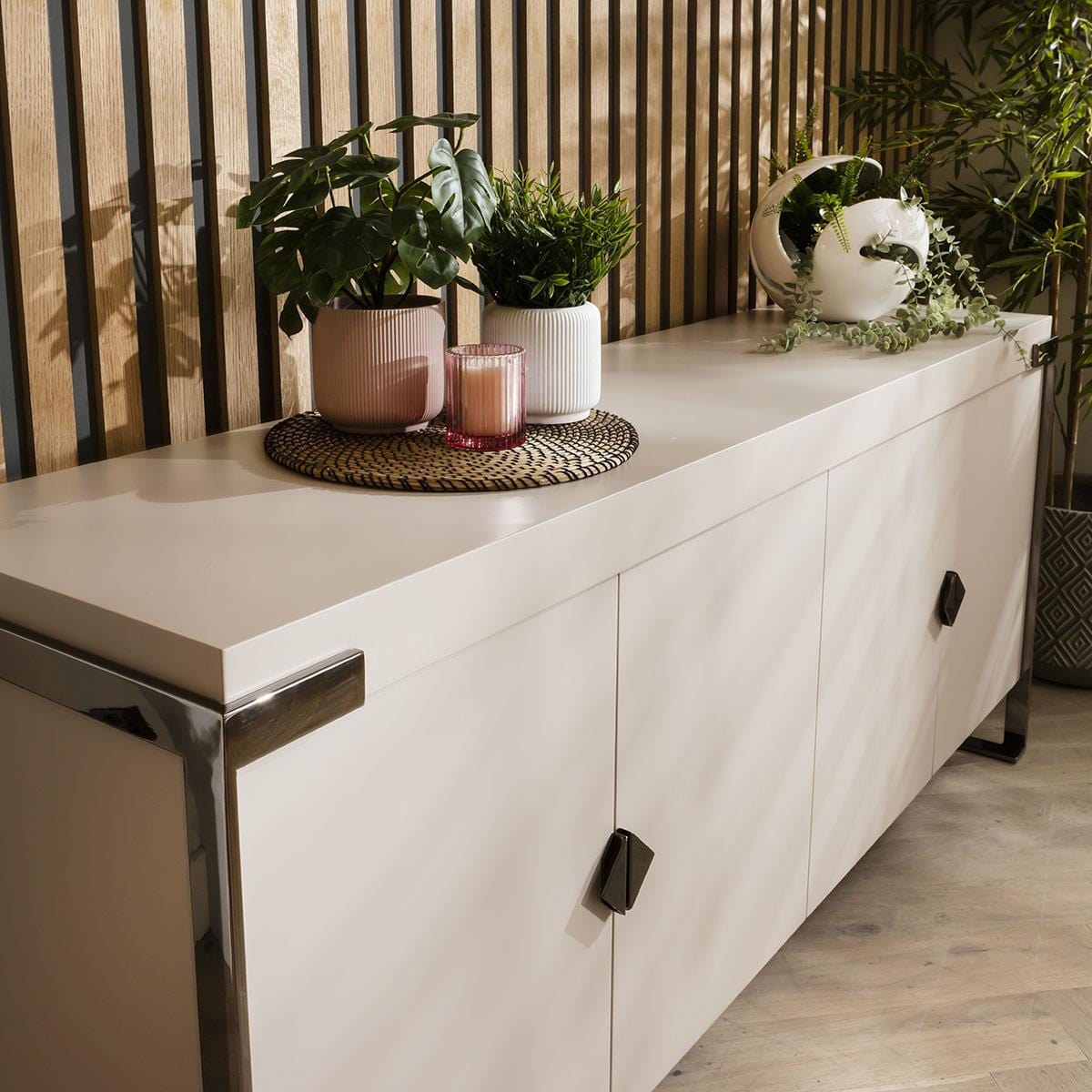 Large 180cm 4 Door Sideboard Cabinet - Premium Matte Chalk - Smoked Chrome Accents