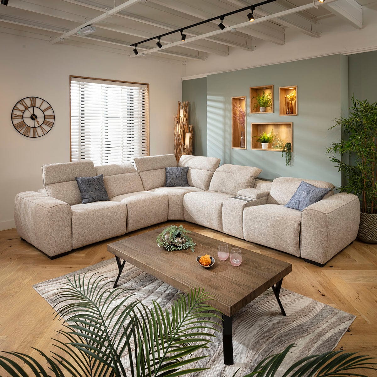 Lola Large 5 Seater Recliner Corner Sofa & Console Beige 329x296cm 14C1