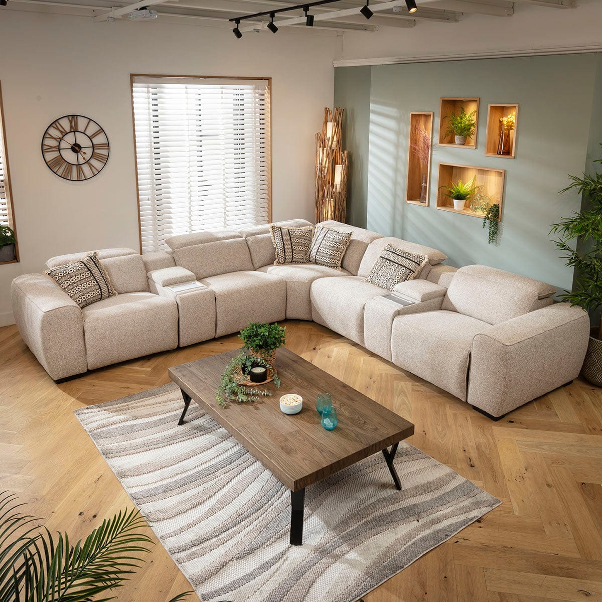 Lola Large 5 Seater Recliner Corner Sofa & Consoles Beige 329x329cm 14C2