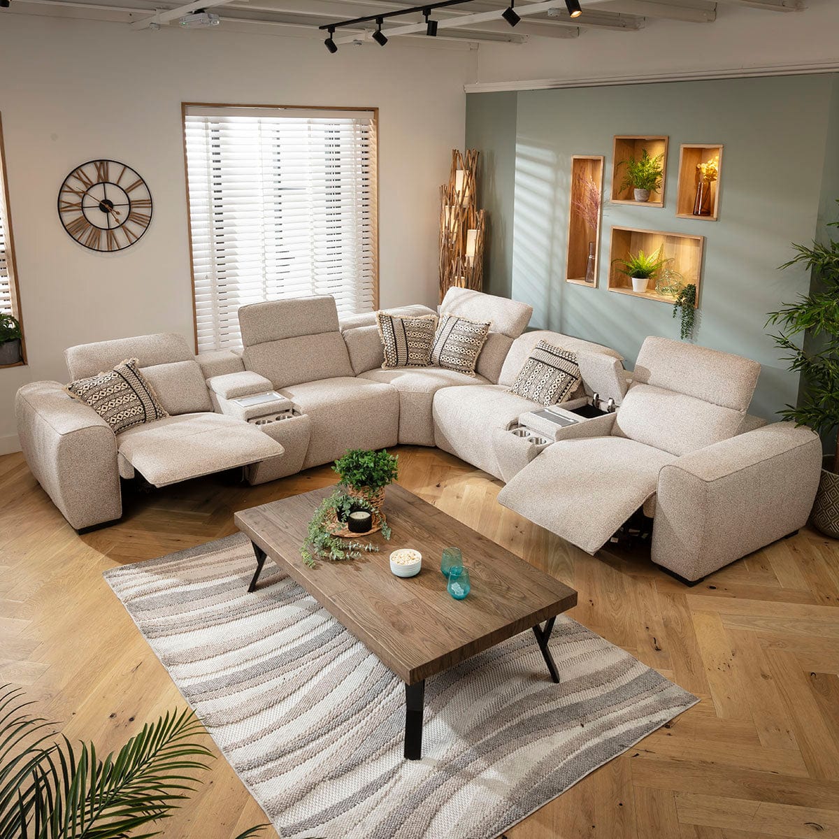 Lola Large 5 Seater Recliner Corner Sofa & Consoles Beige 329x329cm 14C2