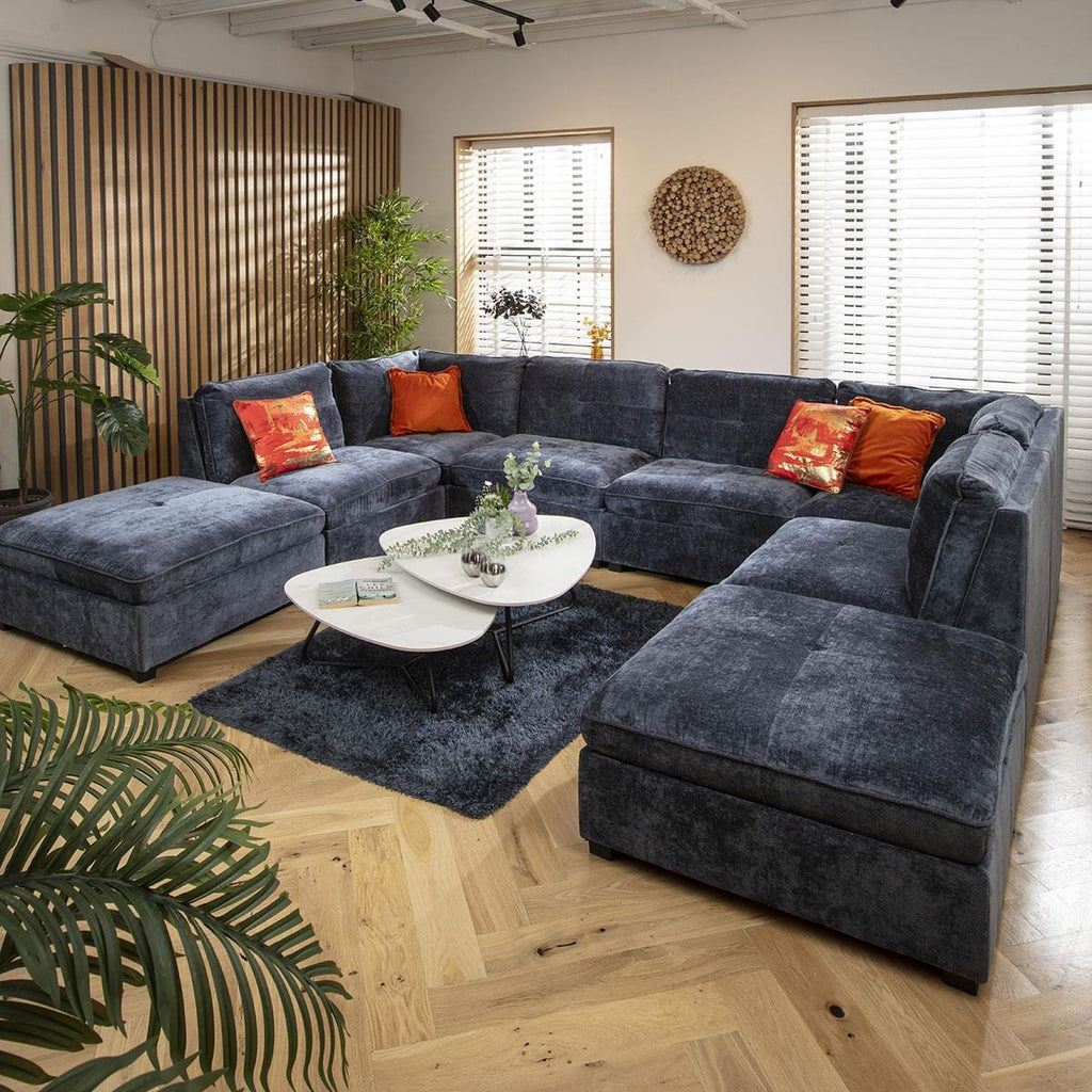 Anni 6 Seater U-Shape Sofa Blue Chenille 366x279cm 10