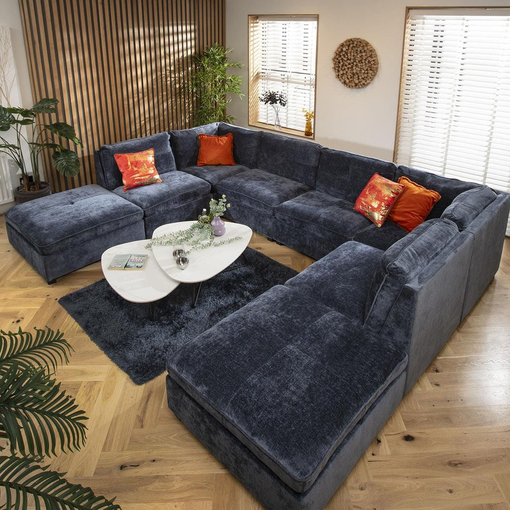 Anni 6 Seater U-Shape Sofa Blue Chenille 366x279cm 10