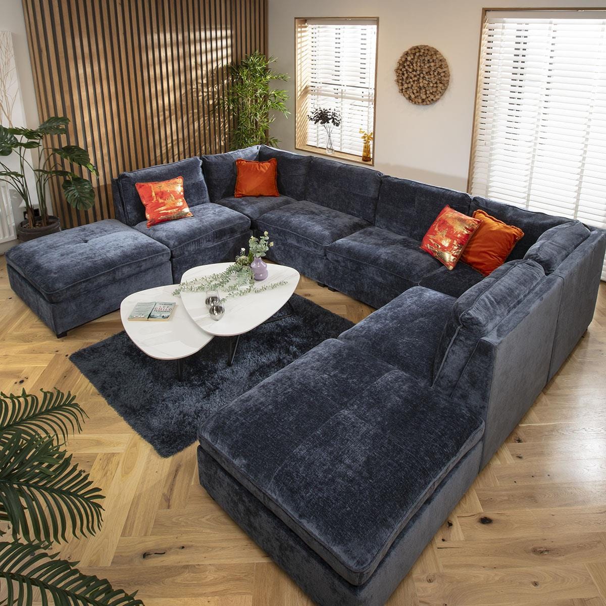 Anni 6 Seater U-Shape Sofa Blue Chenille 366x279cm 10