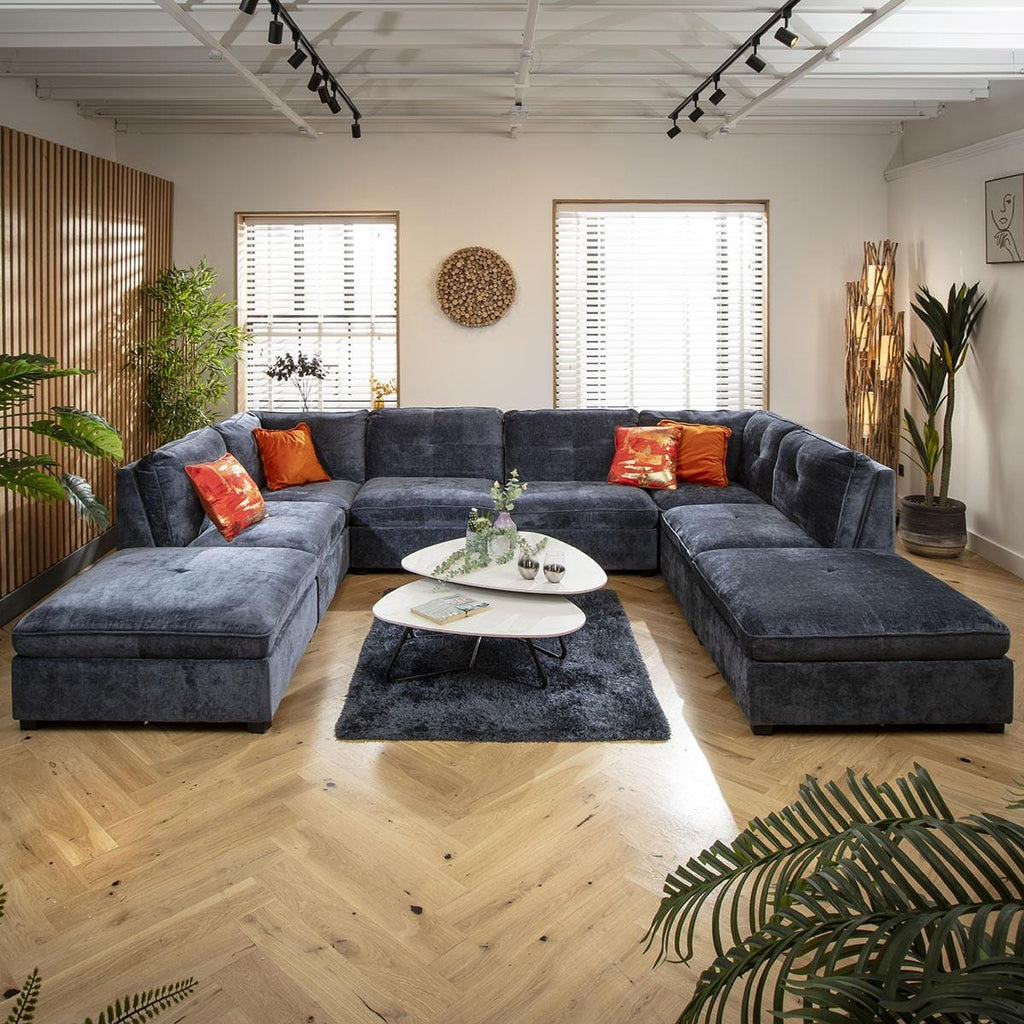 Anni 6 Seater U-Shape Sofa Blue Chenille 366x279cm 10