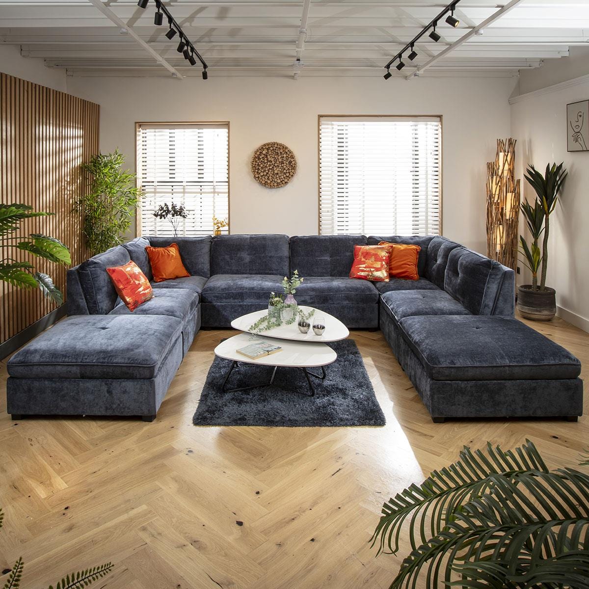 Anni 6 Seater U-Shape Sofa Blue Chenille 366x279cm 10