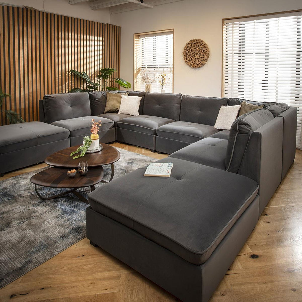 Anni 6 Seater U-Shape Sofa Grey Velvet 366x279cm 10