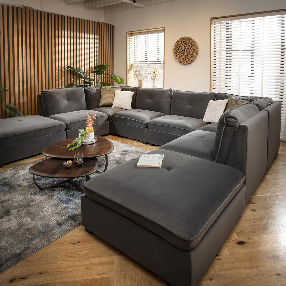 Anni 6 Seater U-Shape Sofa Grey Velvet 366x279cm 10